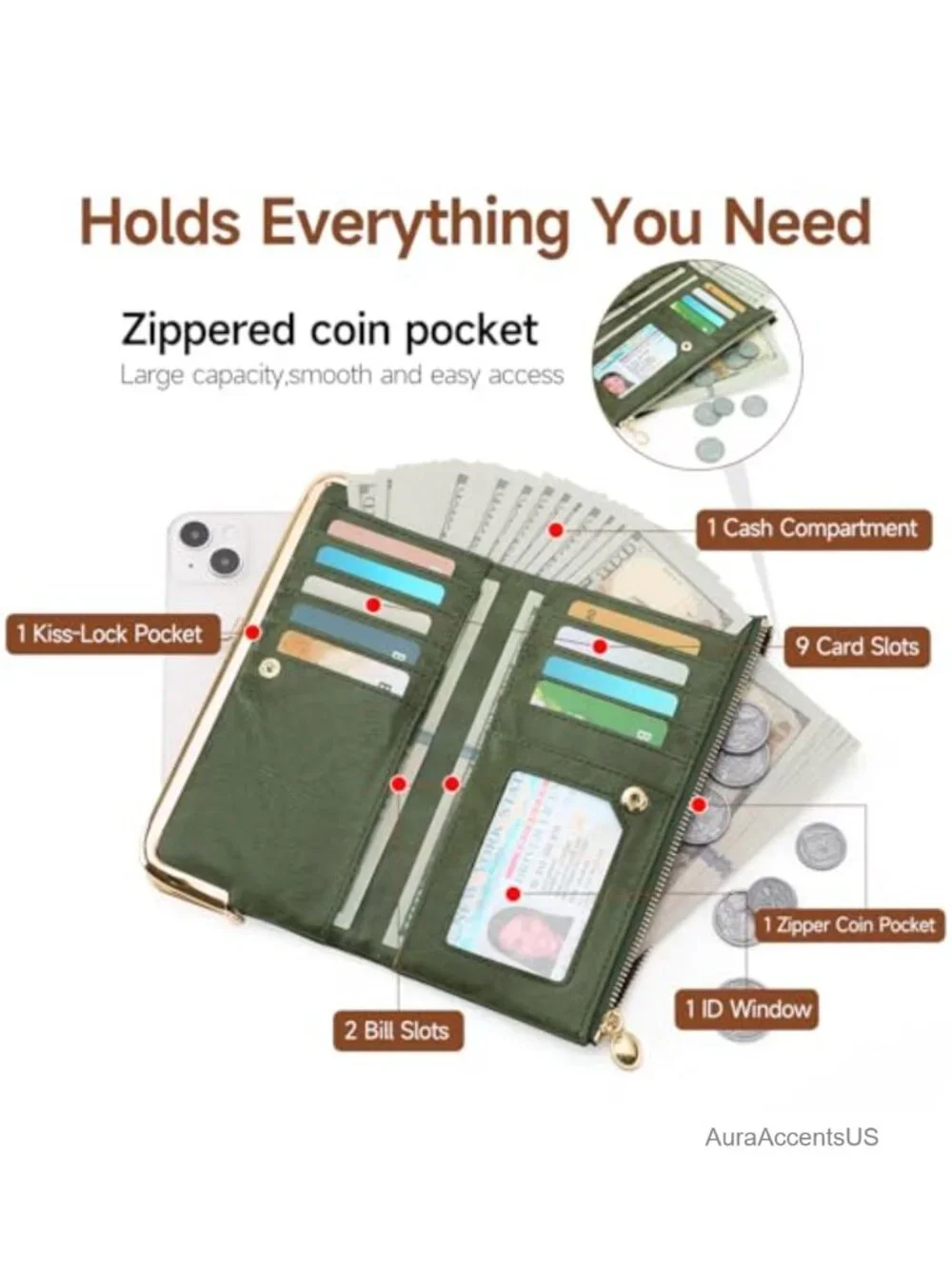Women's Kiss Lock Bifold Wallet PU Leather Card Holder Clutch Purse